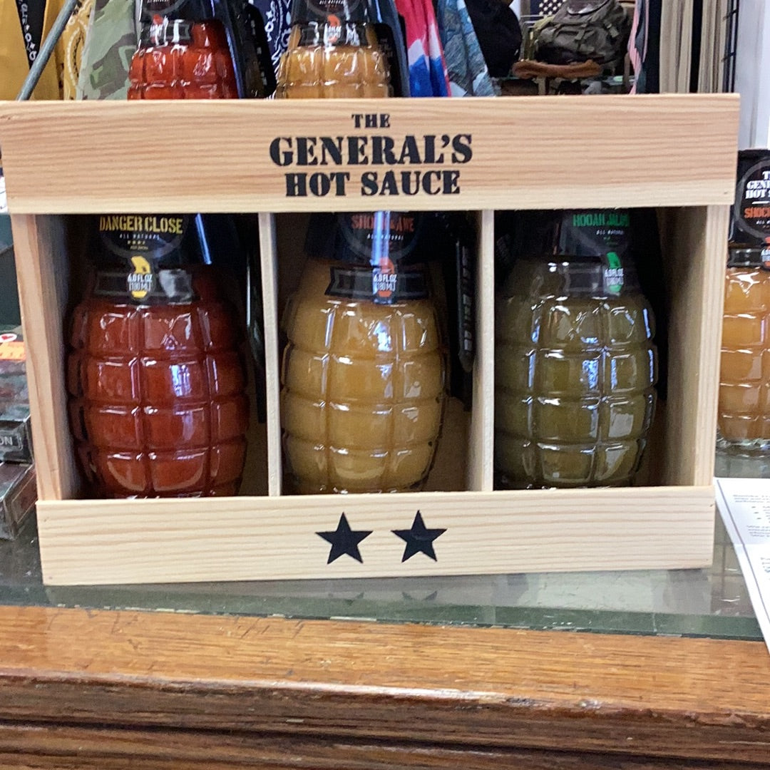 The General’s Hot Sauce Gift Box Danger Close, Shock & Awe, Hooah Jalapeño
