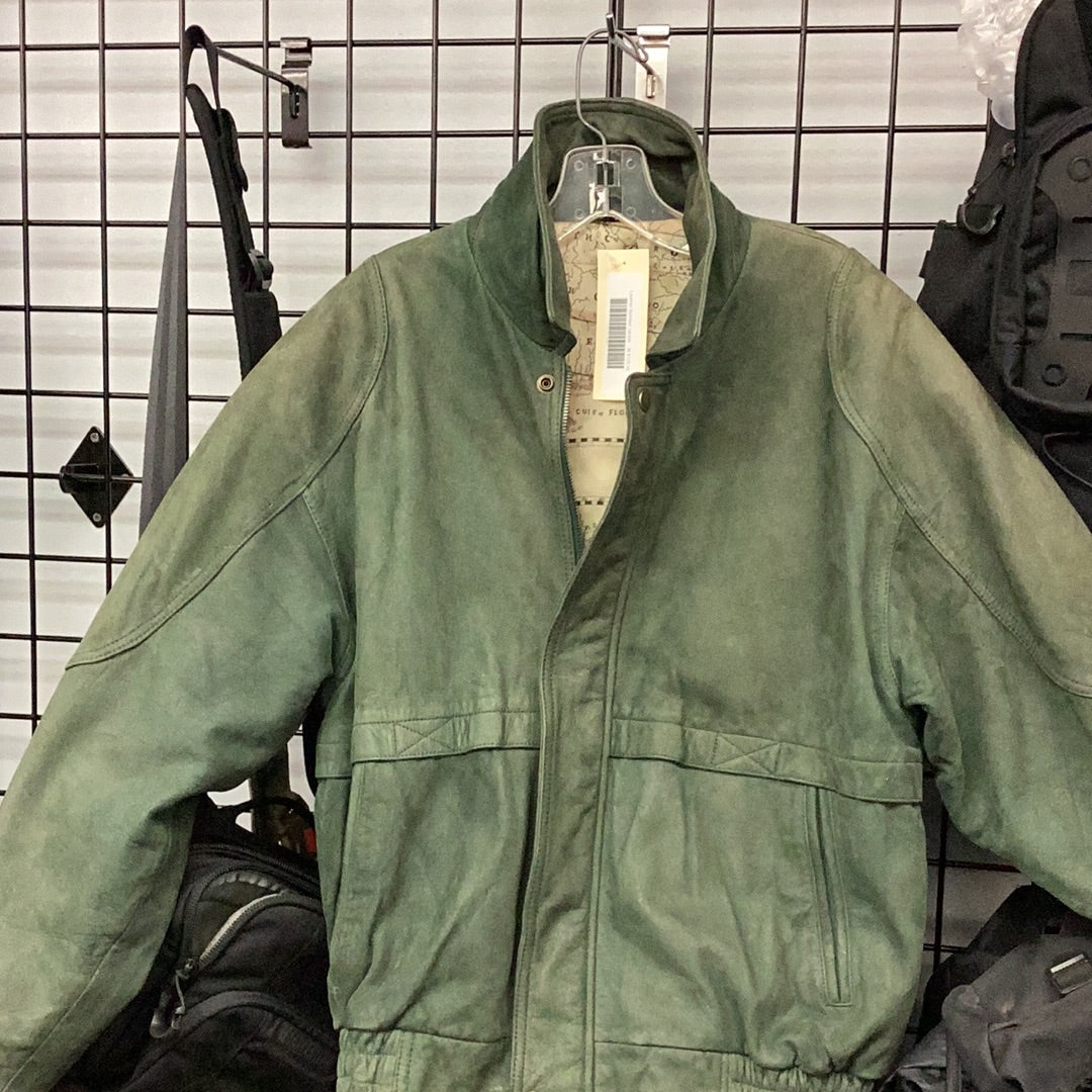Vintage Sueded Leather Bomber Style Jacket, Olive Green, US Military Style, Imported, Size Medium